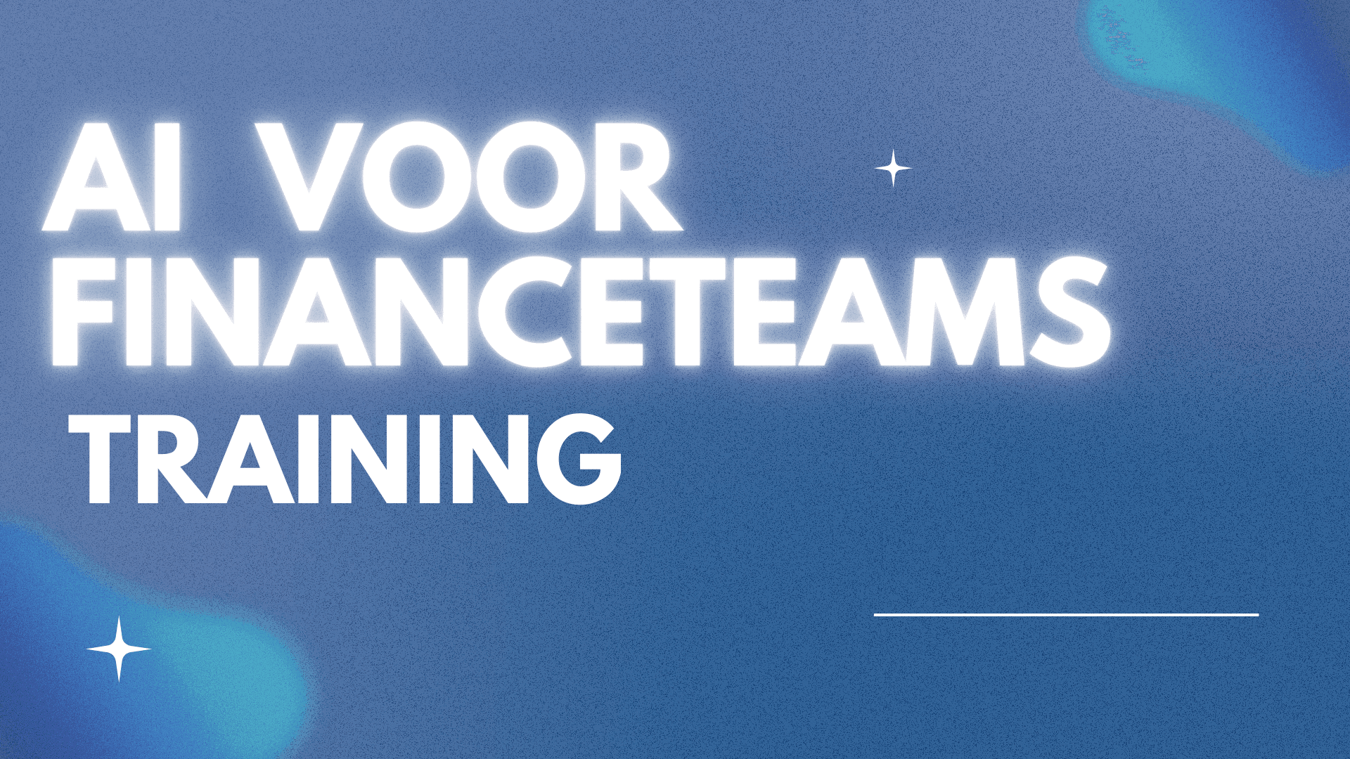 Text reading 'AI voor financeteams training' on a blue background with star graphics.