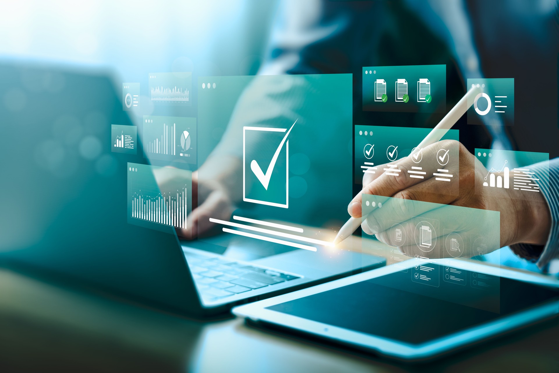 Digital approval and task management with futuristic interface. Businessman using stylus on tablet to complete checklist, analyze data on smart dashboard. Concept of workflow automation, e-signature.