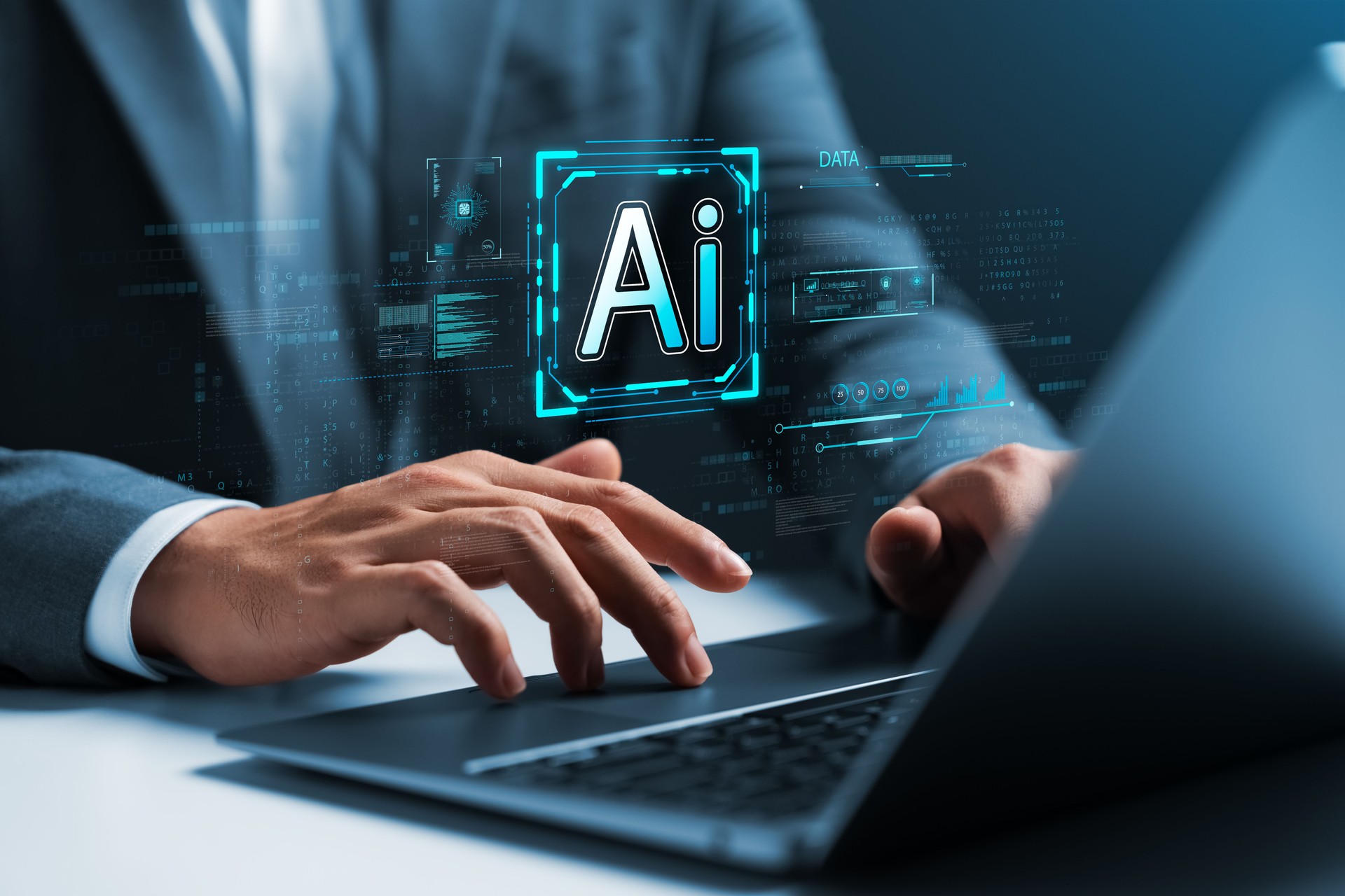 Humans use Artificial intelligence AI with laptops, deep learning science.