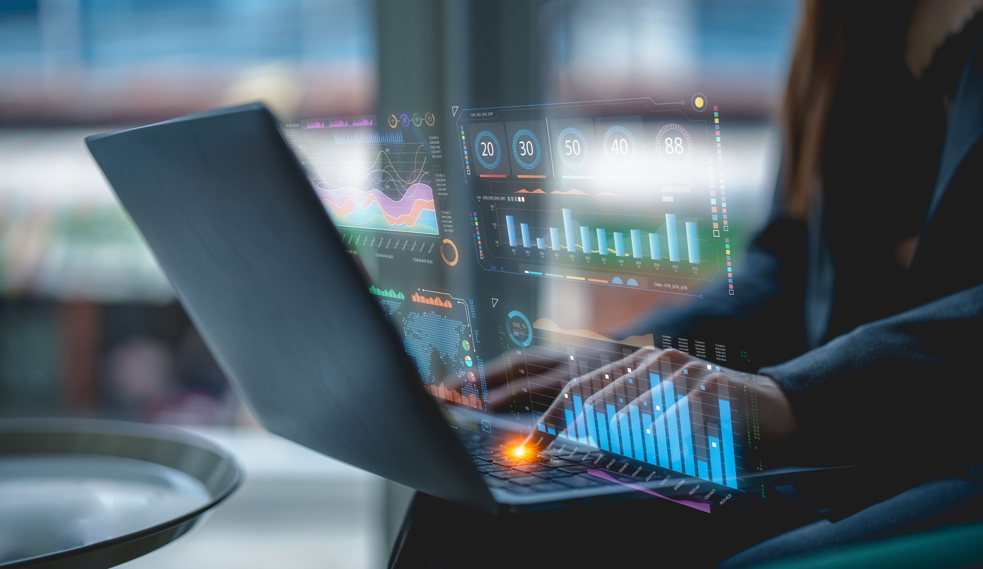A businessman uses a laptop to access an AI-powered business analytics dashboard, showcasing charts, metrics, and KPIs. He analyzes performance data to generate. Data analysis concept.